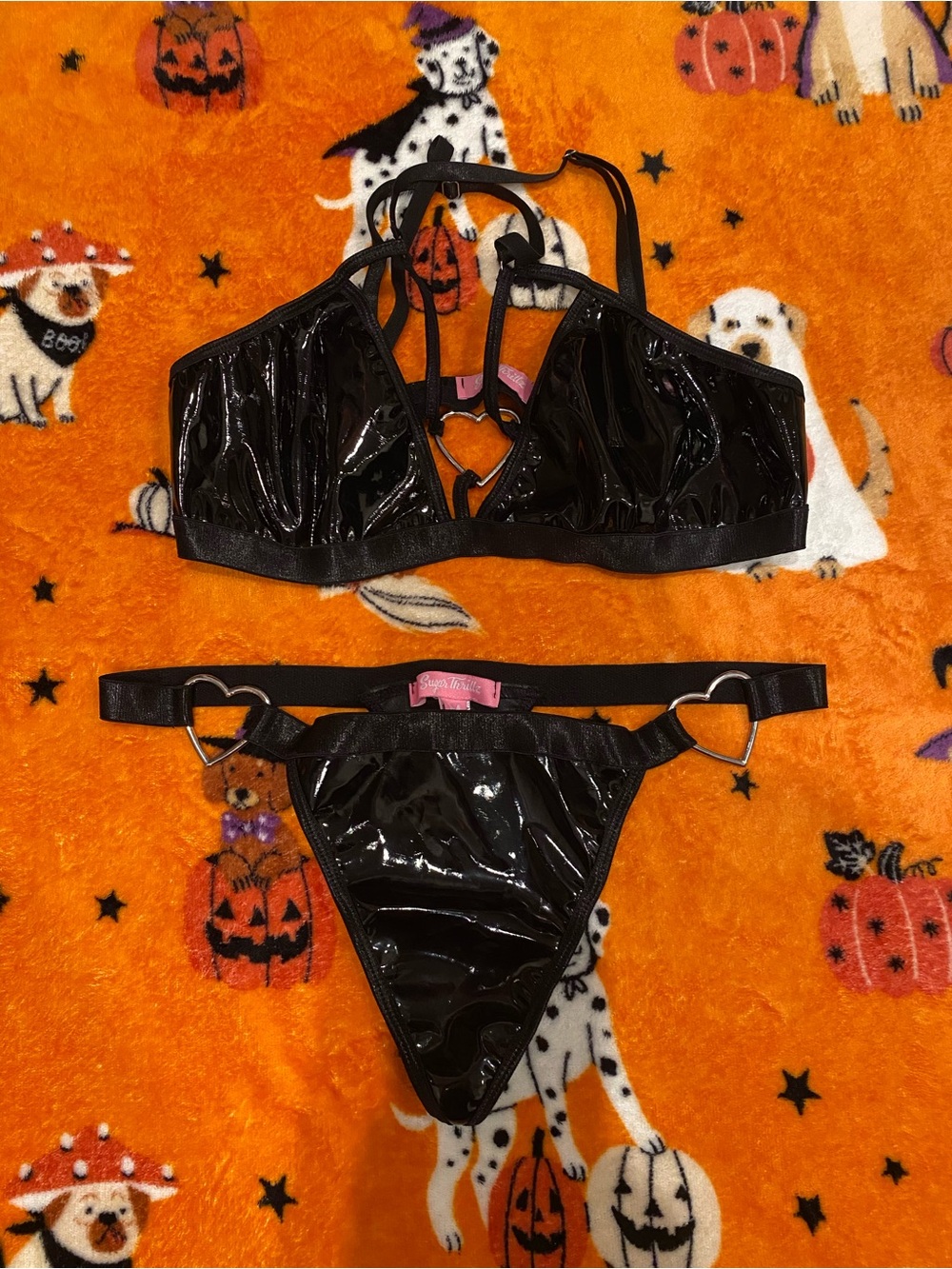Sugar Thrillz Shiny Black Patent Heart-Strap Bikini Set with Pink Tag